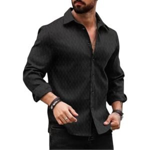 Deelmo mens Regular fit button down dress shirt textured long sleeve Casual Hawaiian shirt